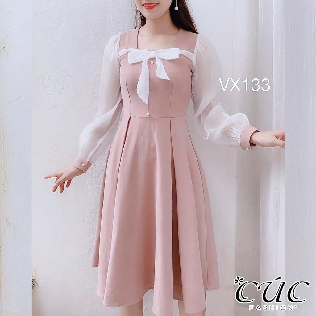 Váy đầm liền thân công sở cao cấp Cúc Fashion VX133 đầm váy nơ ngực tơ trắng