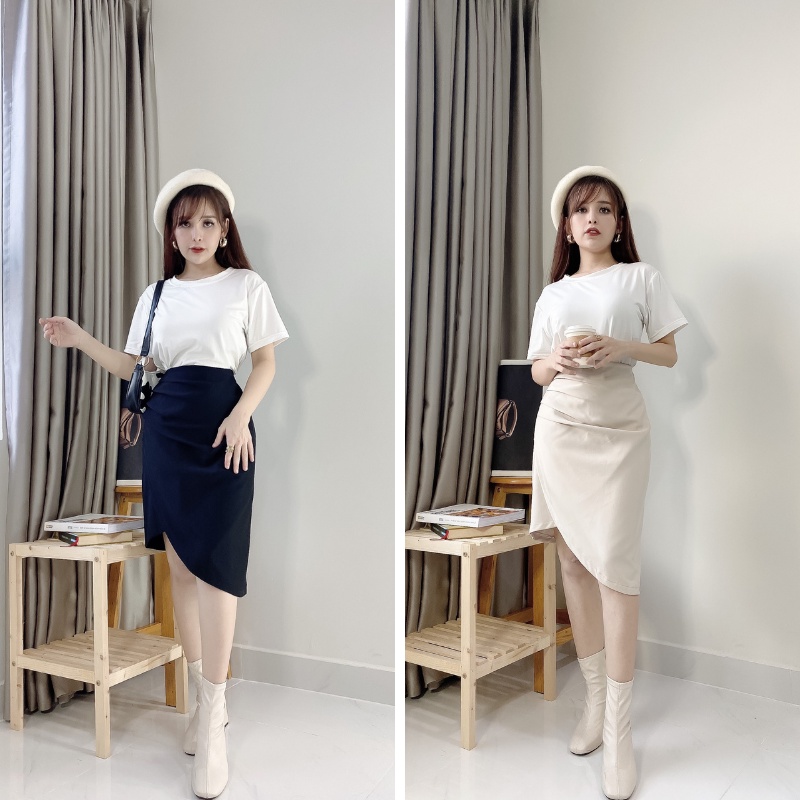 Chân váy Midi dài xẻ tà nhún eo giấu bụng phong cách sang trọng có bigsize Mely's Fashion CV21