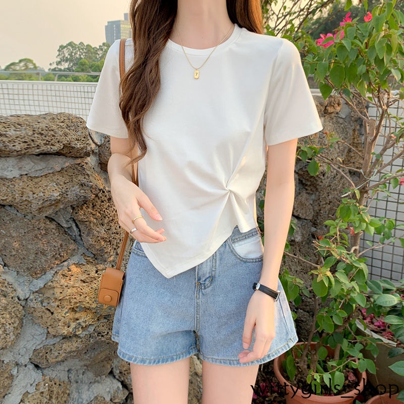 Áo Thun Ngắn Tay Cổ Tròn Màu Sắc Đơn Giản Cho Nữ