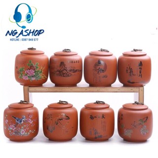 Hũ đựng trà khô gốm sứ tử sa cát tím ,Hộp chè có nắp đậy kín tiện dụng cao cấp giá rẻ màu nâu đất đựng được 200g