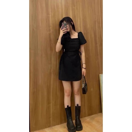 Đầm đen thắt eo cổ vuông trẻ trung  - Xẹt Studio Lady
