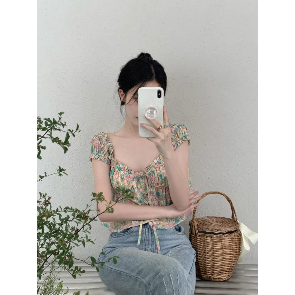 Áo Sơ Mi Tay Phồng Cổ Búp Bê Cột Dây Dáng Ngắn Thời Trang Xinh Xắn Cho Nữ