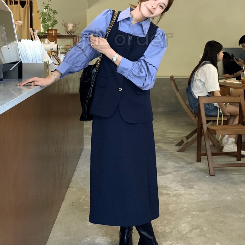 B71|Set bộ blazer nữ áo gile khoác croptop, váy cạp cao bút chì dài rộng xẻ tà gd_order