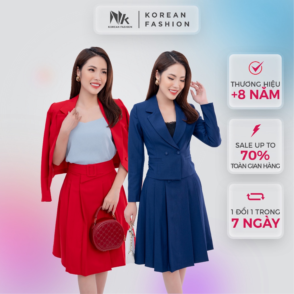 Bộ Vest Nữ Công Sở NK Fashion Tay Dài Kết Hợp Chân Váy Xòe Xếp Ly, Chất Liệu Hàn Cao Cấp NKFBD2108015