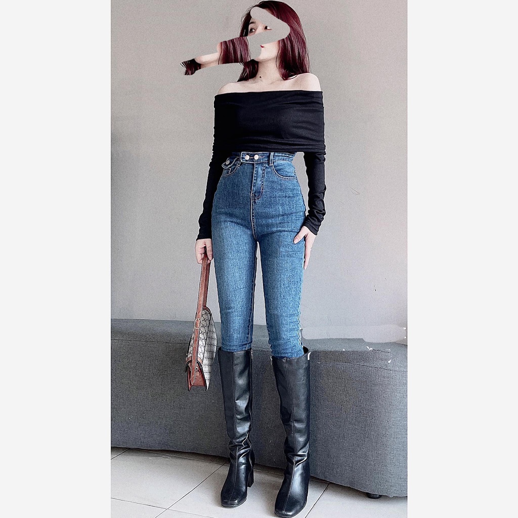 QUẦN SKINNY JEANS GIÃN DÀI NỮ LƯNG CAO 2 NÚT NGANG PHỐI TÚI NẮP XANH NHẠT, ĐẬM LAI CUỐN CO GIÃN THOẢI MÁI CAO CẤP NITIQC