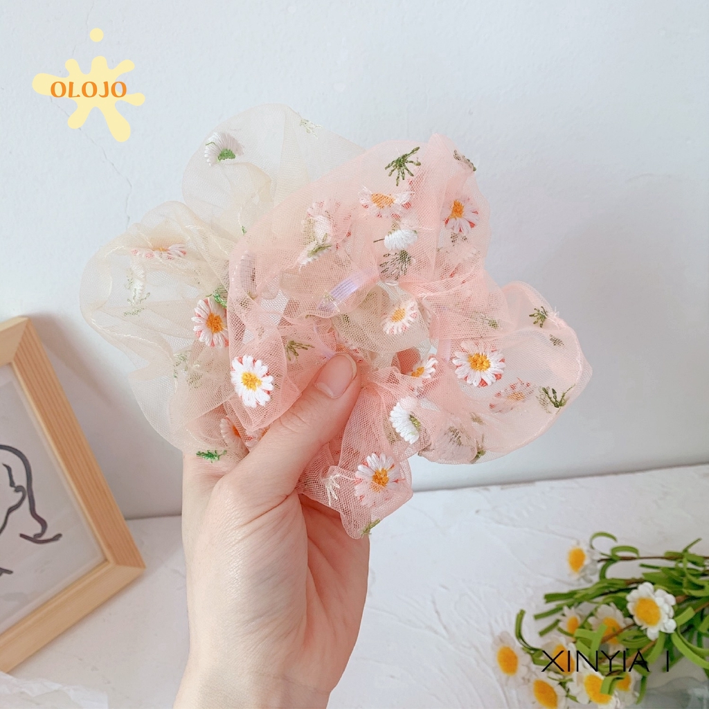 Dây Buộc Tóc Vải Chiffon Co Giãn Thêu Họa Tiết Hoa Cúc Xinh Xắn