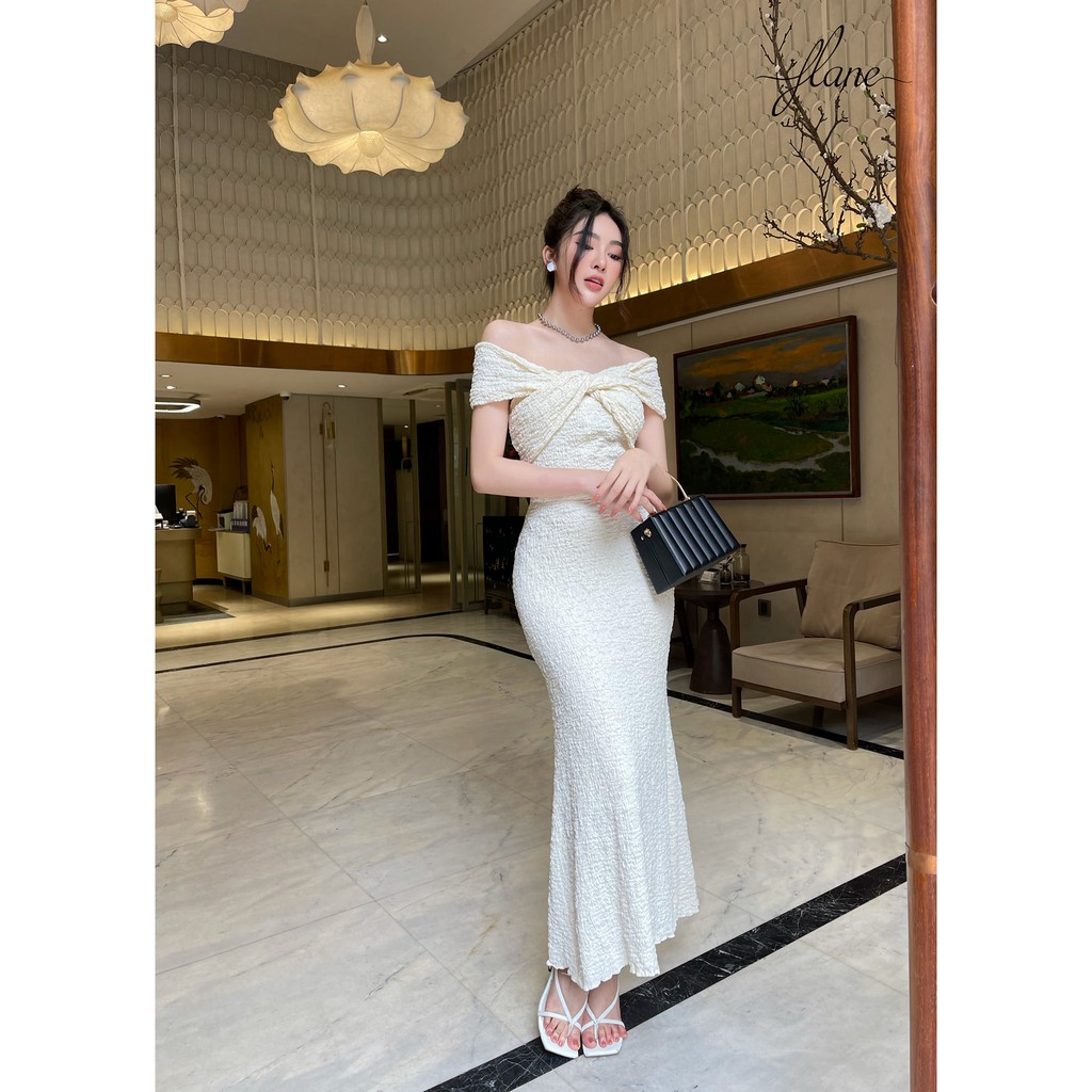xốp trễ vai - Váy thiết kế dáng dài màu kem Flane