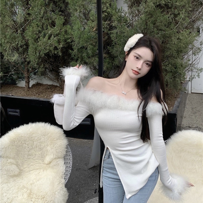 ÁO TRỄ VAI CHẤT LEN MỎNG PHỐI LÔNG SANG CHẢNH