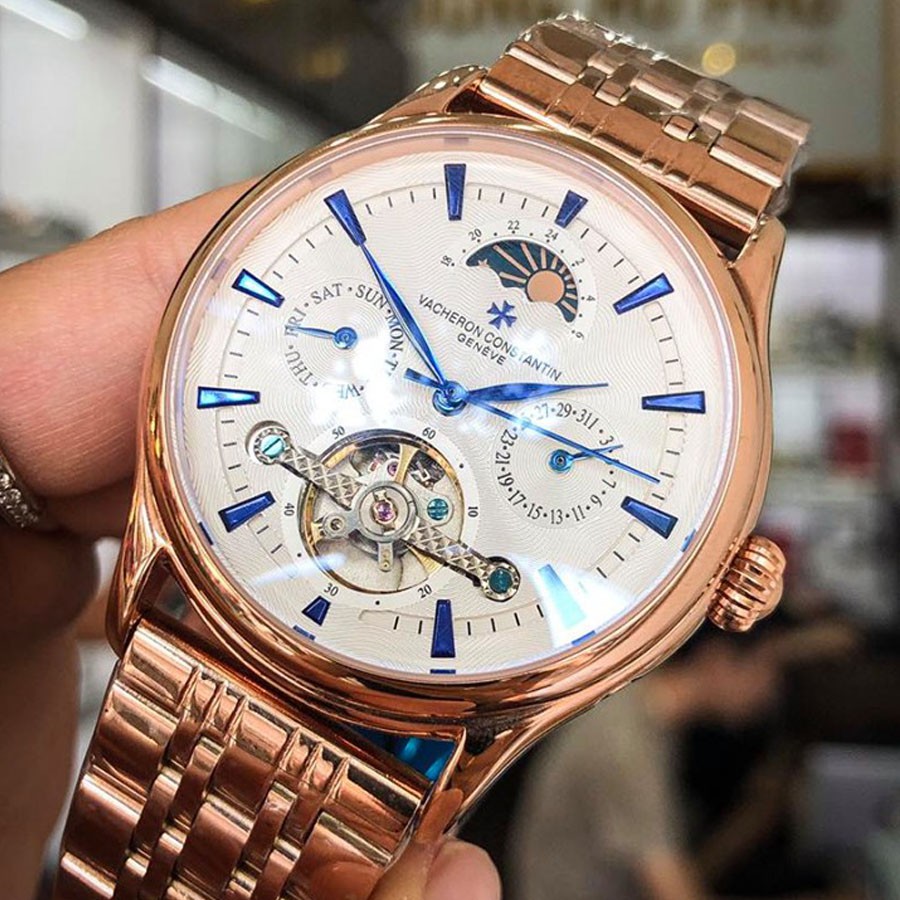 Đồng hồ Nam Vacheron máy nhật, mẫu 5kim xanh lộ cơ thanh ngang, mặt trắng viền vàng , dòng cơ Automatic size 40mm-41mm