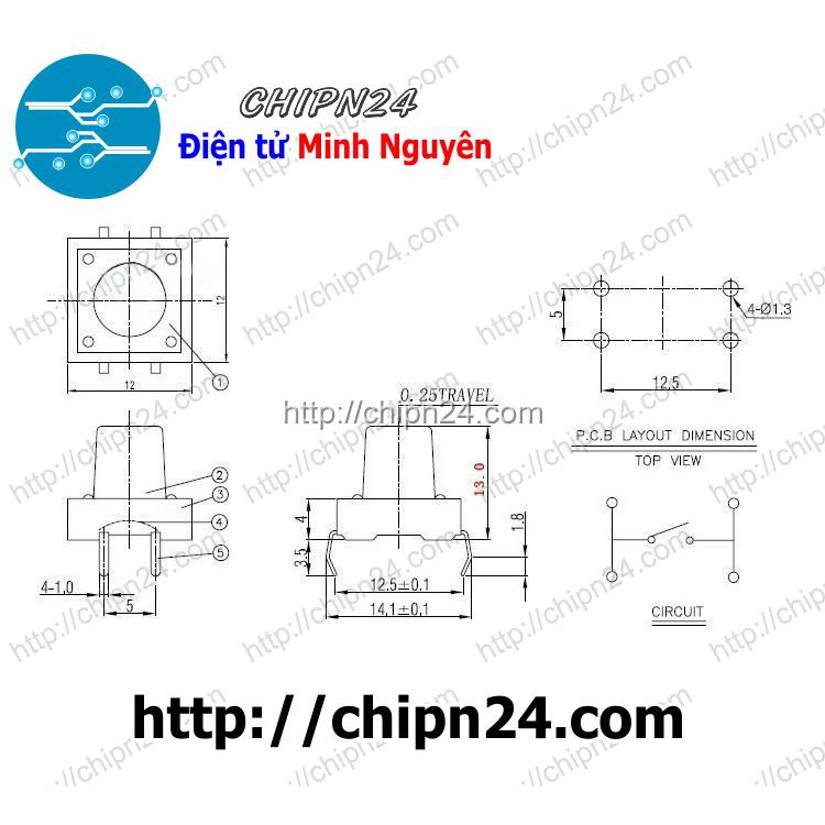 [5 CÁI] Nút nhấn 4 chân 12x12x13mm