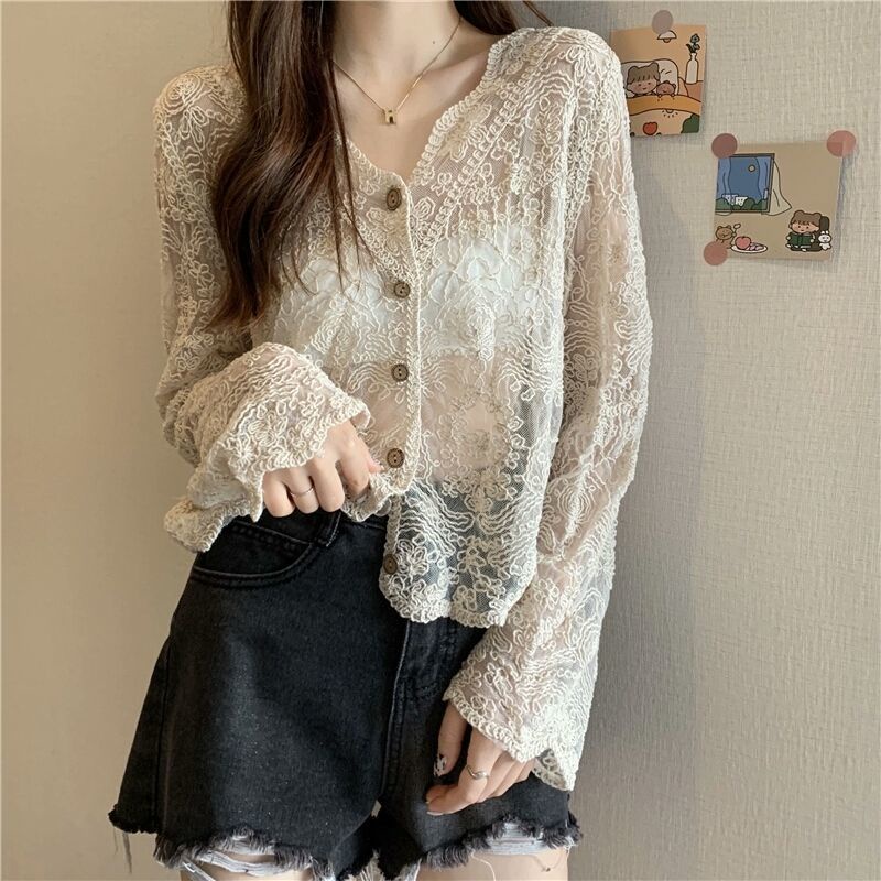 Áo khoác ren cổ chữ V dáng rộng phong cách Hàn Quốc mới