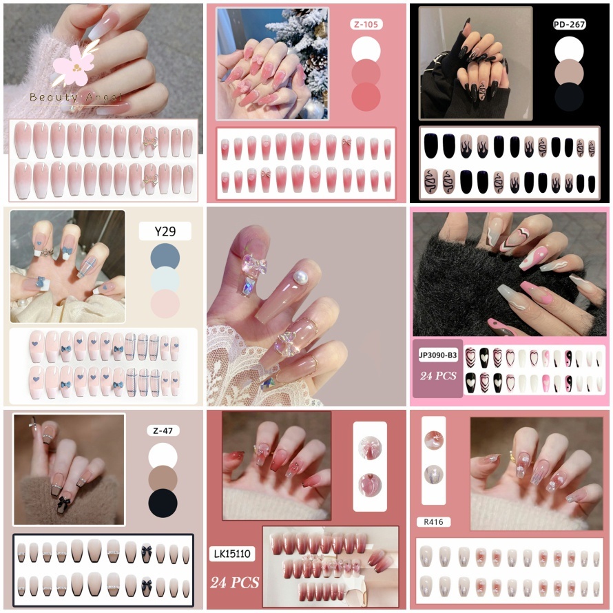 Set 24 móng tay giả Bộ móng giả màu đính nơ dùng làm móng tay nghệ thuật có thể tháo rời/ móng giả đính nơ/Hồng/ đen/màu sắc/sự đổi màu