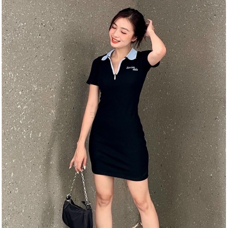 Đầm polo dây kéo cổ trụ phối màu ngắn tay dáng ôm body chữ thêu phong cách dễ thương chuẩn dáng - Mã: 607 TV-FASHION