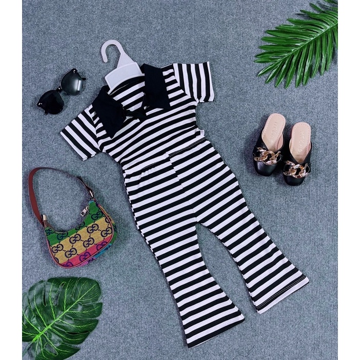 Set Áo Sọc Phối Quần Loe Thời  Trang Chất Thun Cotton 4 Chiều Co Dãn