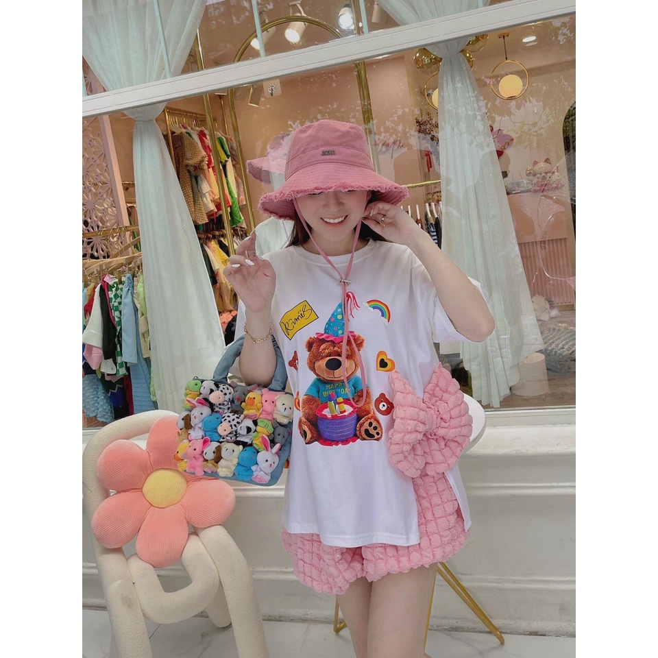 Set bộ áo thun đính nơ hình gấu xẻ tà dễ thương kèm quần đùi chất thun xốp nổi thời trang mùa hè