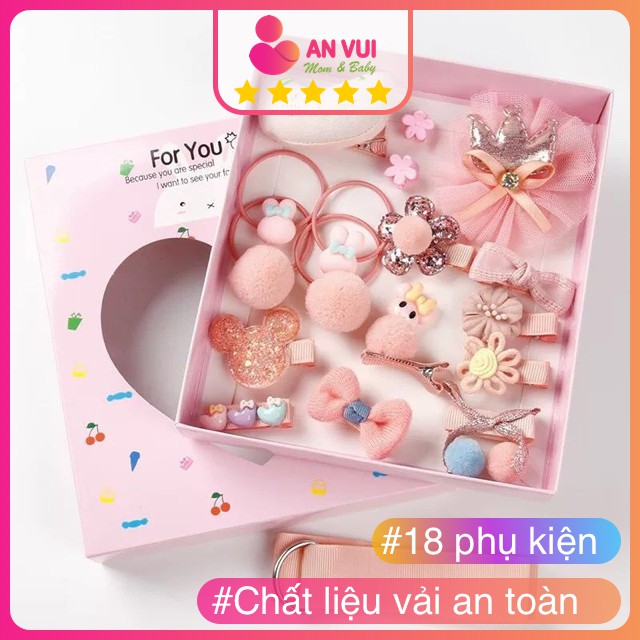 Set Dây Buộc Tóc 18 Phụ Kiện Cho Bé Gái Kẹp Nơ, Hồng, Đỏ, Vương Miện Công Chúa, Dây Chun, Xinh Kute Dễ Thương