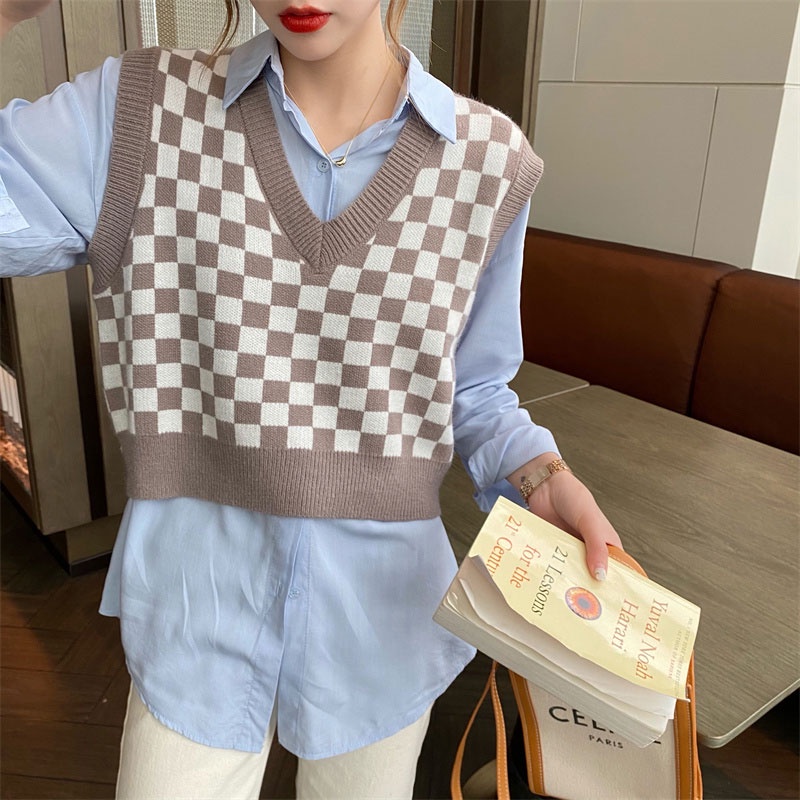 Áo croptop không tay phối sọc caro sành điệu