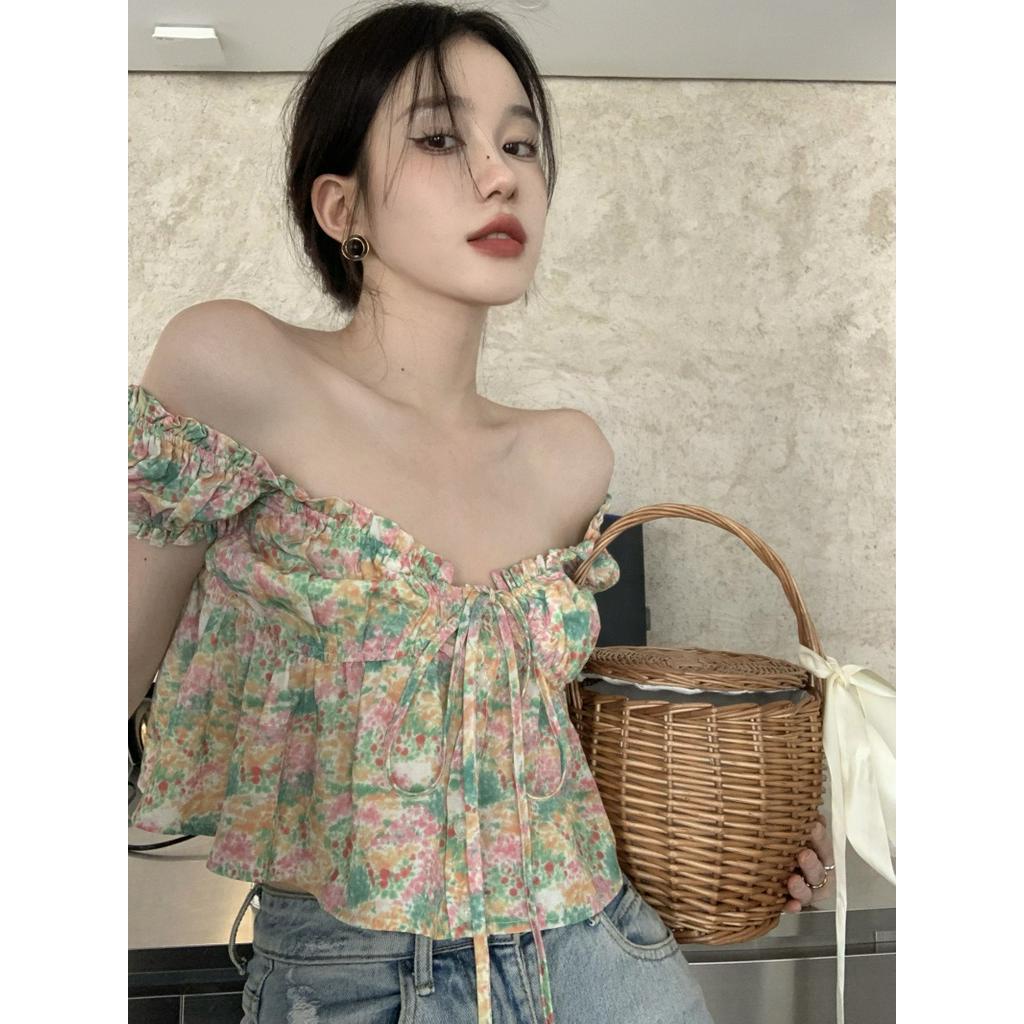 Áo Sơ Mi Tay Phồng Cổ Búp Bê Cột Dây Dáng Ngắn Thời Trang Xinh Xắn Cho Nữ