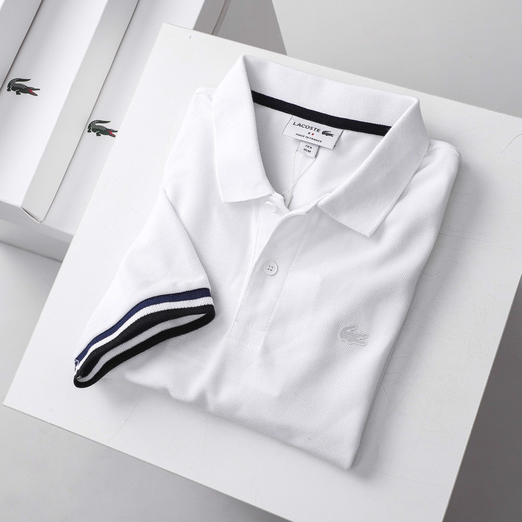 Áo Thun Nam Có Cổ Polo LACOSTE TAY VIỀN TRẮNG vải da cá sấu mịn mát cực xịn - không viền cổ cao cấp 3 màu