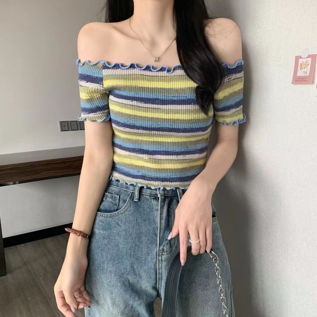 Áo thun ZHELIHANGFEI vải dệt kim trễ vai nhuộm màu độc đáo