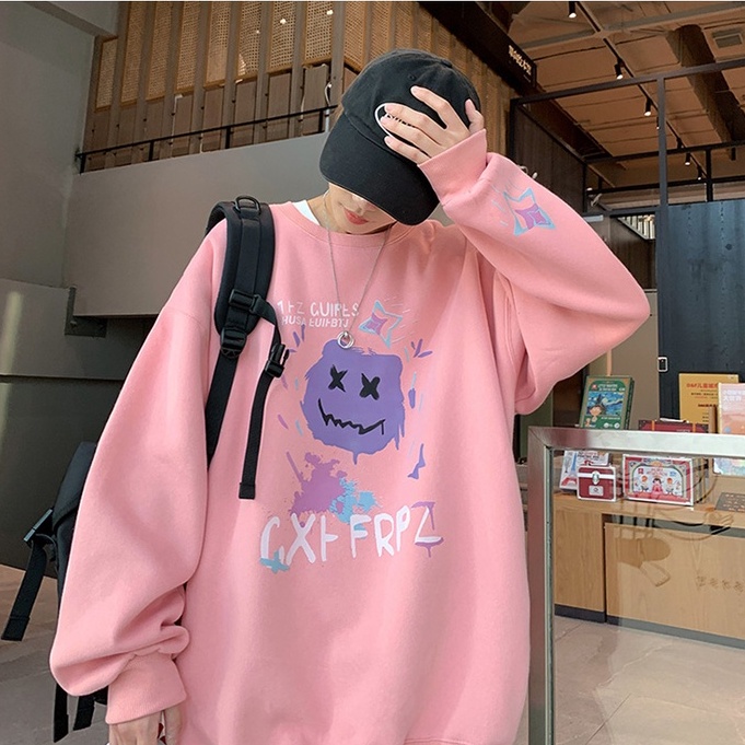 Áo Sweater Cổ Tròn Tay Dài Dáng Rộng In Hoạt Hình Phong Cách Hồng Kông Thời Trang 2022