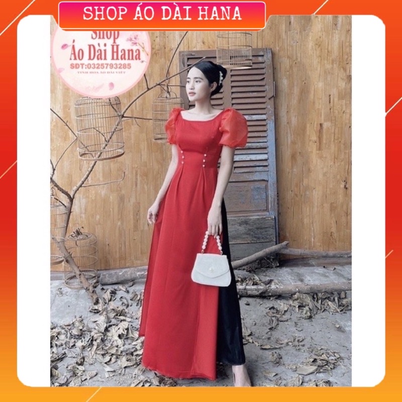 Áo dài đỏ cổ vuông tay bồng bo xinh