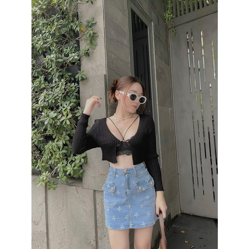 Áo thun nữ kiểu dài tay phối dây xích xẻ ngực sexy