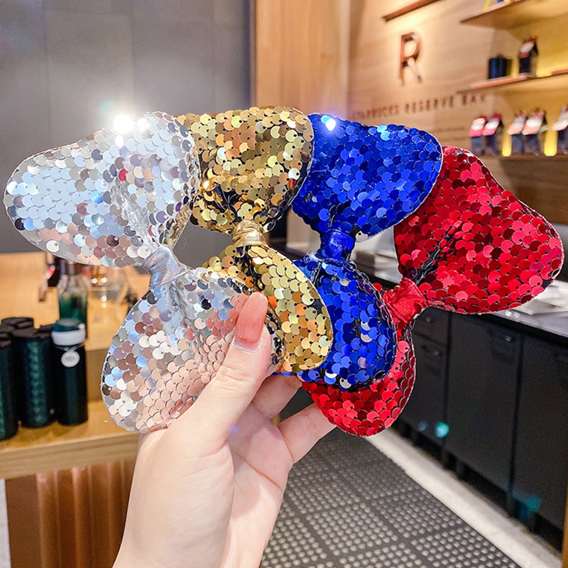Kẹp tóc trang trí nơ đính sequin lấp lánh màu cầu vồng kiểu dáng thời trang cho bé gái