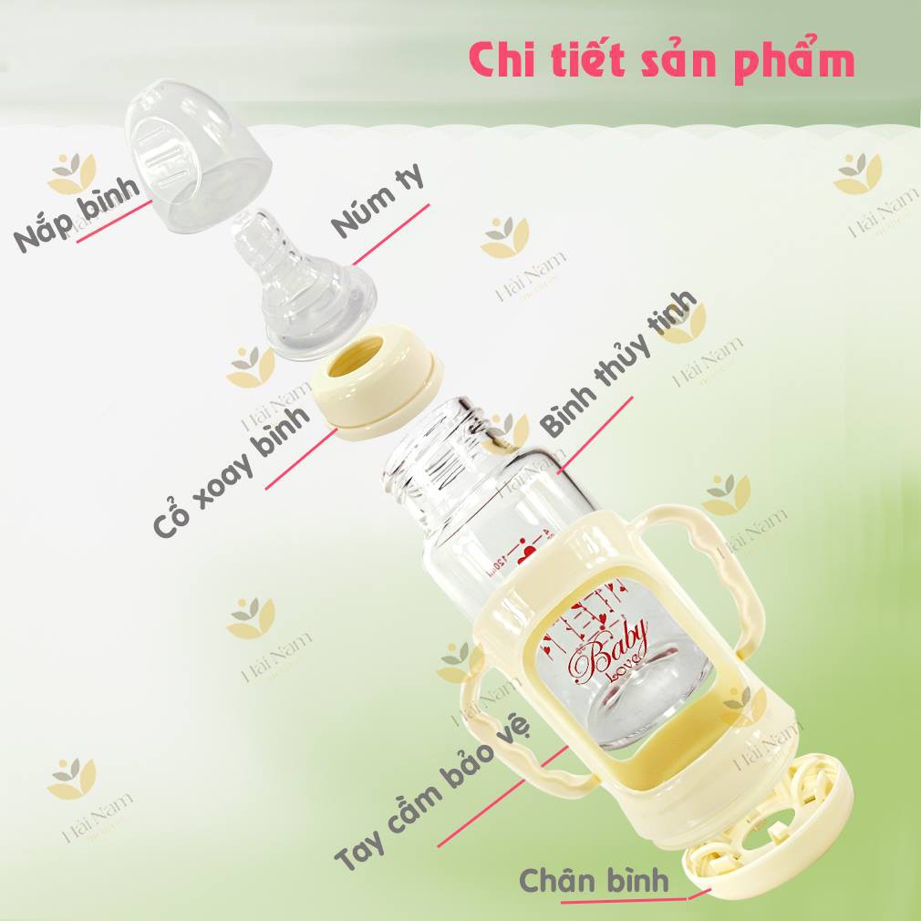 Bình sữa Baby Love thuỷ tinh 120 ml có tay cầm hàng Thái Lan nhựa chống vỡ quanh bình