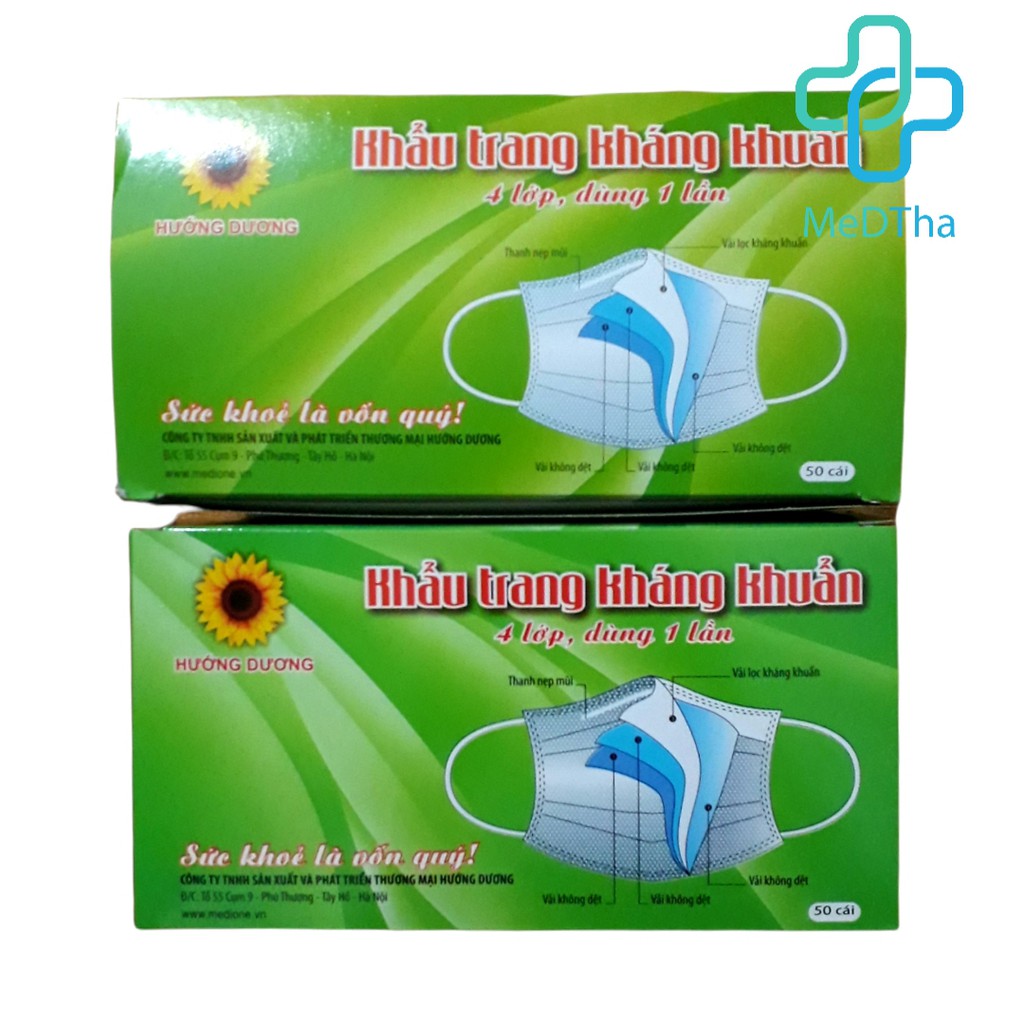 Khẩu trang Y Tế - Khẩu trang kháng khuẩn Hướng Dương 4 lớp (Hộp 50 cái) [Chính hãng]