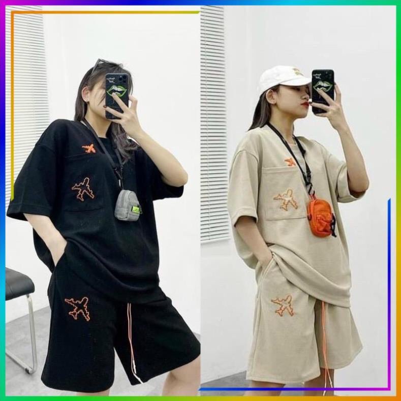 Set bộ nữ Unisex in hình máy bay túi ngực, Set đồ nữ thể thao 2 màu siêu HOT