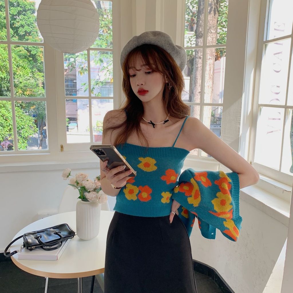 Set áo khoác cardigan dệt kim + áo hai dây thiết kế mới thời trang dành cho nữ