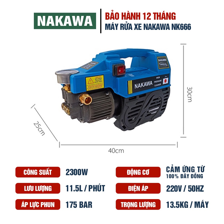 Máy rửa xe NAKAWA NK666 công suất 2300W, Motor từ dây Đồng dùng cho gia đình phun rửa sân, ô tô, xe máy