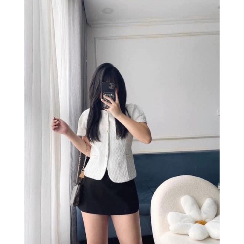 ÁO KHOÁC DẠ TWEED TIÊU KHUY ĐỒNG MÀU TRẮNG