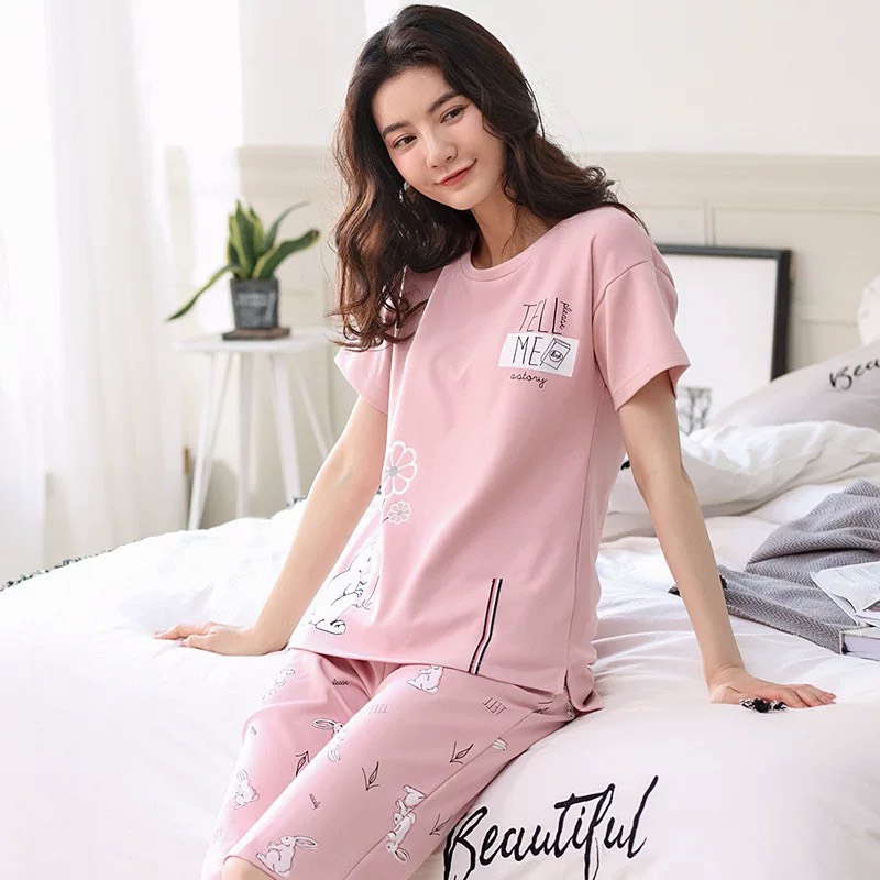 Bộ cotton mặc nhà Quảng Châu cộc tay quần lửng co giãn 4 chiều #Mây #Thỏ