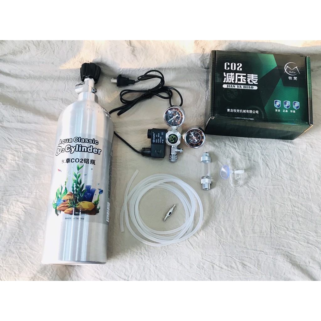 Combo bình CO2 Taiwan NEW 100% 2L FULL KHÍ + van điện CO2 Mufan + bộ sủi thuỷ sinh + van 1 chiều