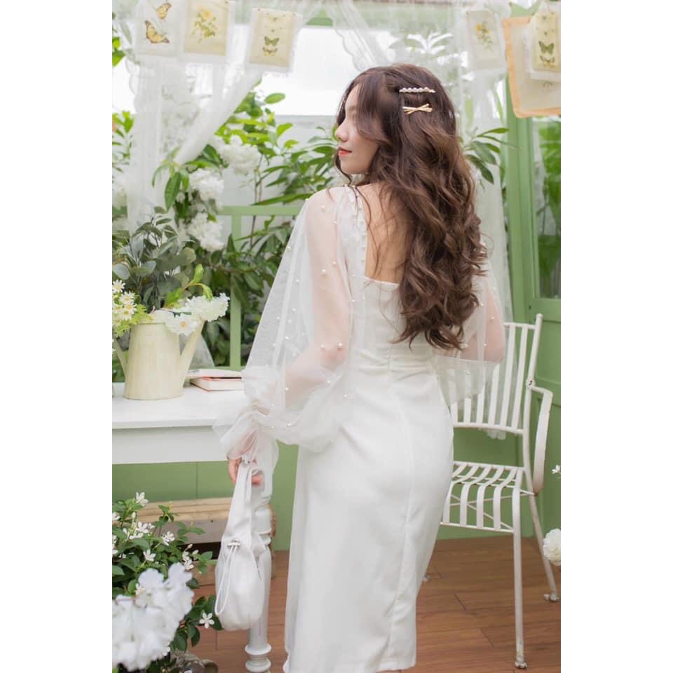 Đầm trắng/đen dự tiệc cổ vuông tay dài phồng dáng xoè | BigBuy360 - bigbuy360.vn