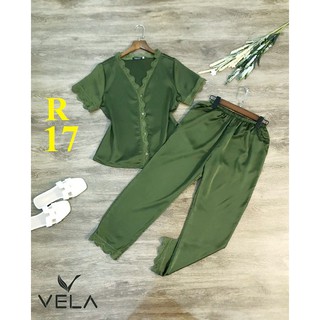 Bộ đồ ngủ quần dài phối Ren Cổ Tim lụa Satin VELA