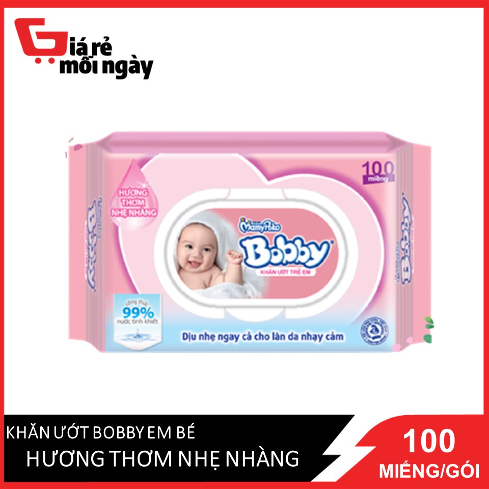 Khăn Uớt Bobby Em Bé Hương Thơm Nhẹ Nhàng 100 Miếng