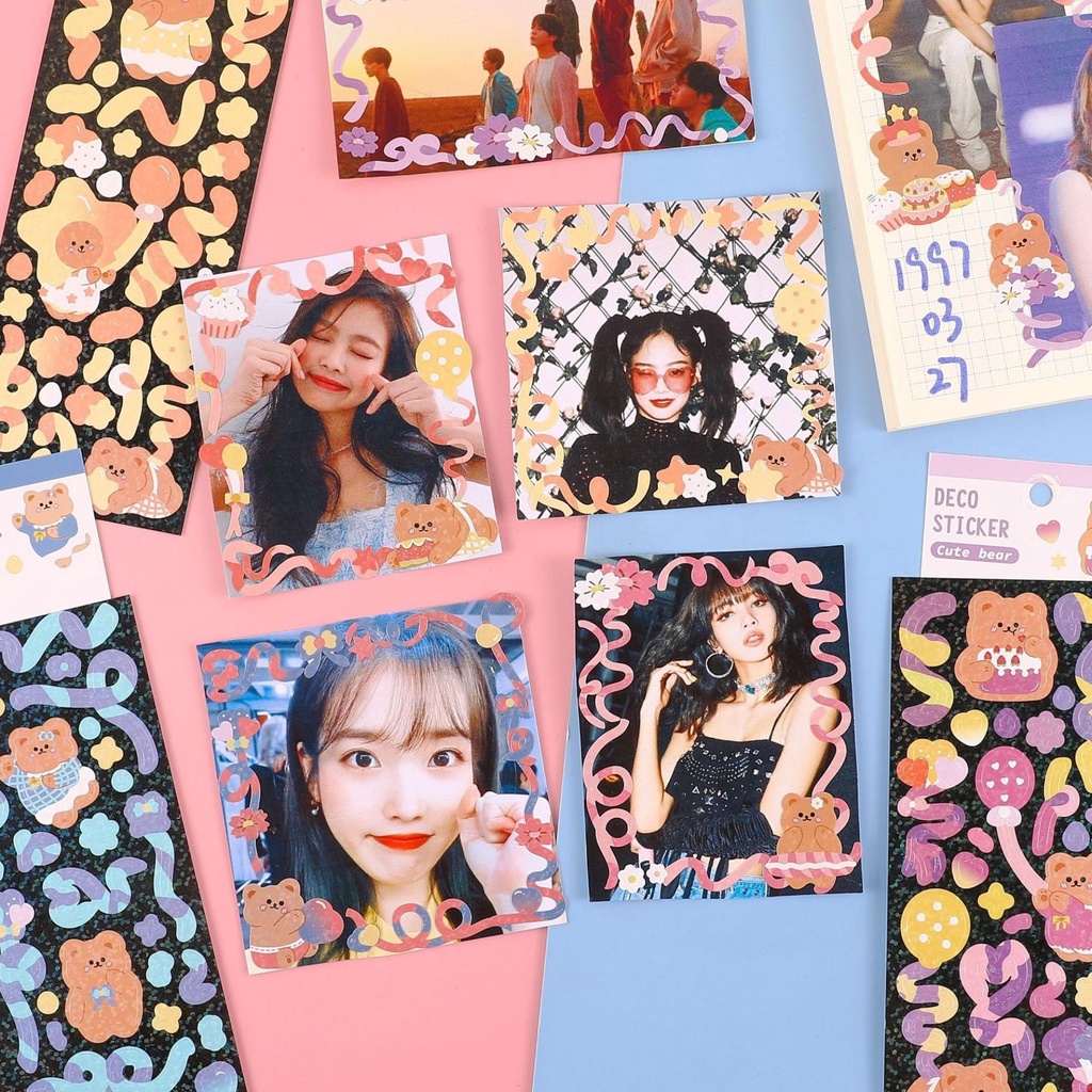 Sticker trang trí toploader hình gấu, hình dán hologram trang trí chống nước