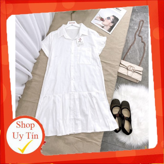 Đầm babydoll trắng cổ sơ mi chân váy đuôi cá xếp li Freesize 42-60kg - XungStore