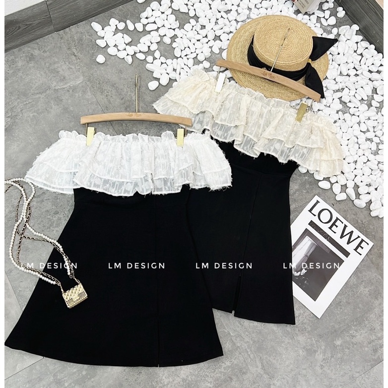 VÁY TRỄ VAI ĐEN XẺ PHỐI THÂN REN BÈO VTVBVH