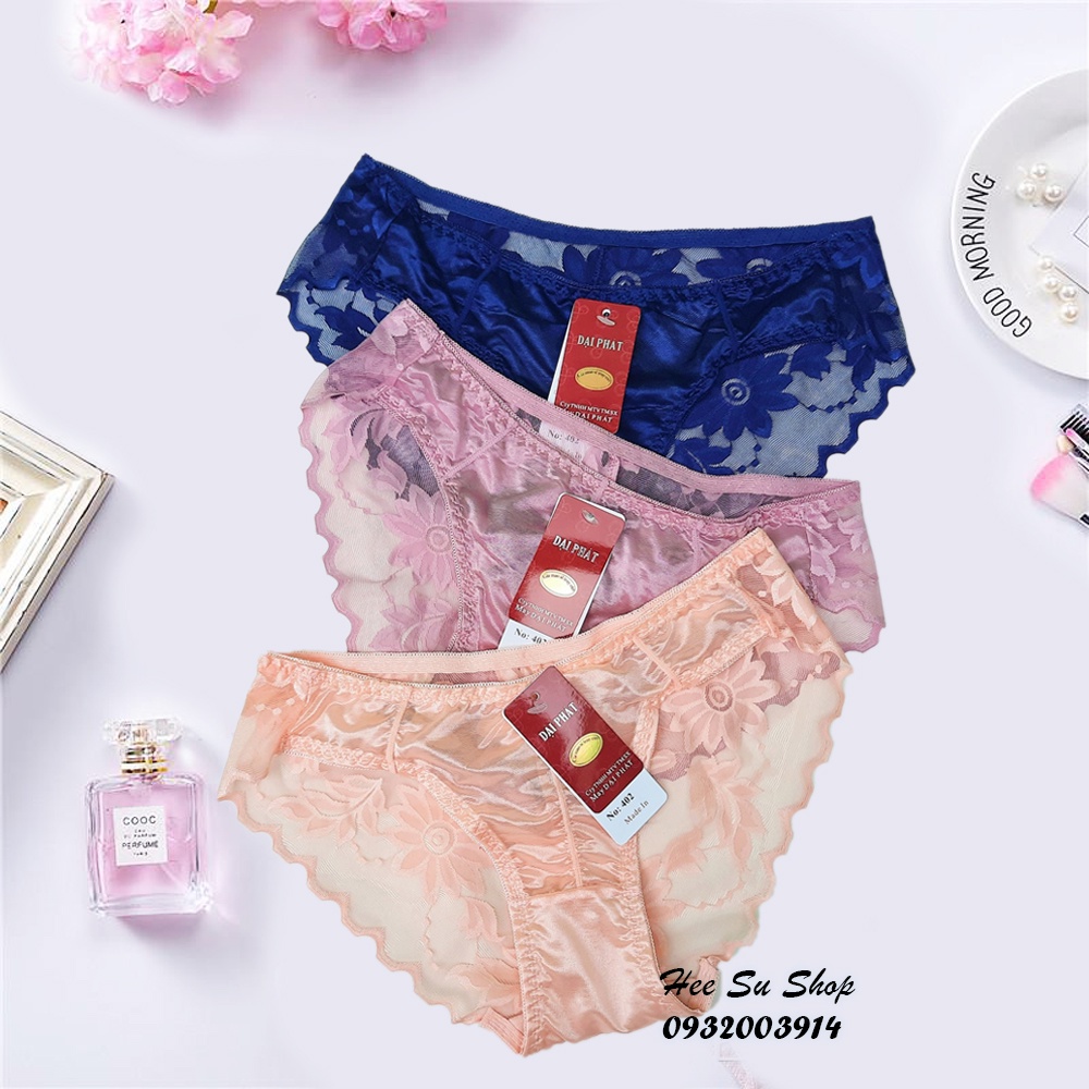 Combo 5 quần lót satin lụa bóng phối ren hoa siêu mỏng free size dưới 55kg mã 402