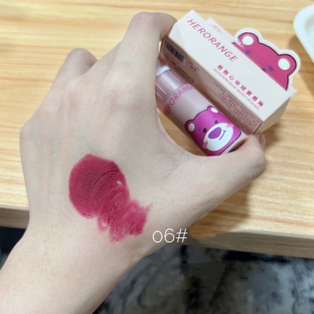 Son kem lì gấu dâu HERORANGE mềm mịn lâu trôi Beckoning Bear Velvet Lip Glaze