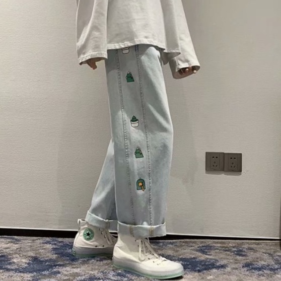 Quần jean ống suông rộng in họa tiết bên hông thời trang Hàn Quốc cho nam và nữ
 | BigBuy360 - bigbuy360.vn