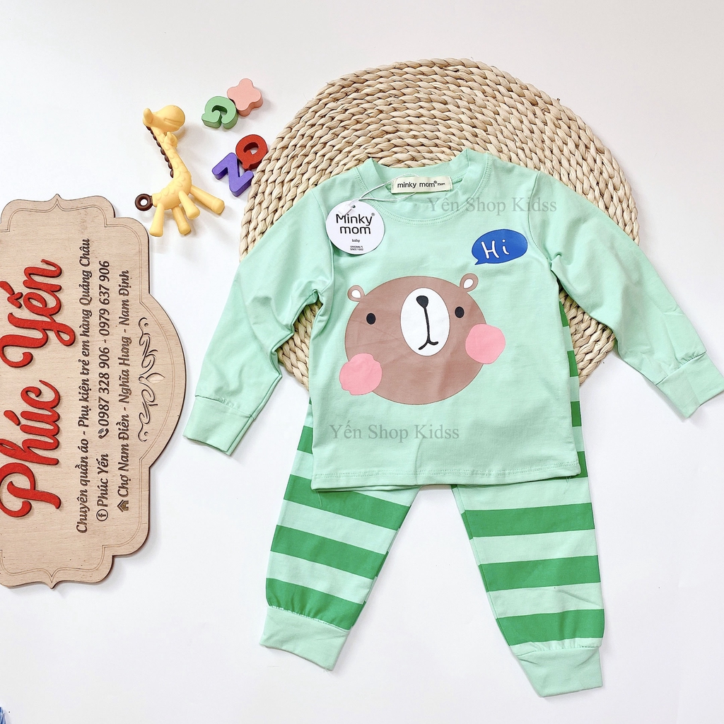 Bộ Dài Tay  Minky Mom Cotton 100 %  Họa Tiết Động Vật Gấu Nâu Xanh-Quần Kẻ Cho Bé (7-19kg) (SP001309 )