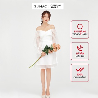Đầm xòe nữ xếp ngực cổ U màu trắng hở vai quyến rũ GUMAC DB5110