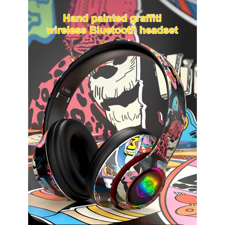 Tai nghe chụp tai không dây L750 kết nối Bluetooth 5.1 họa tiết graffiti có míc thời trang