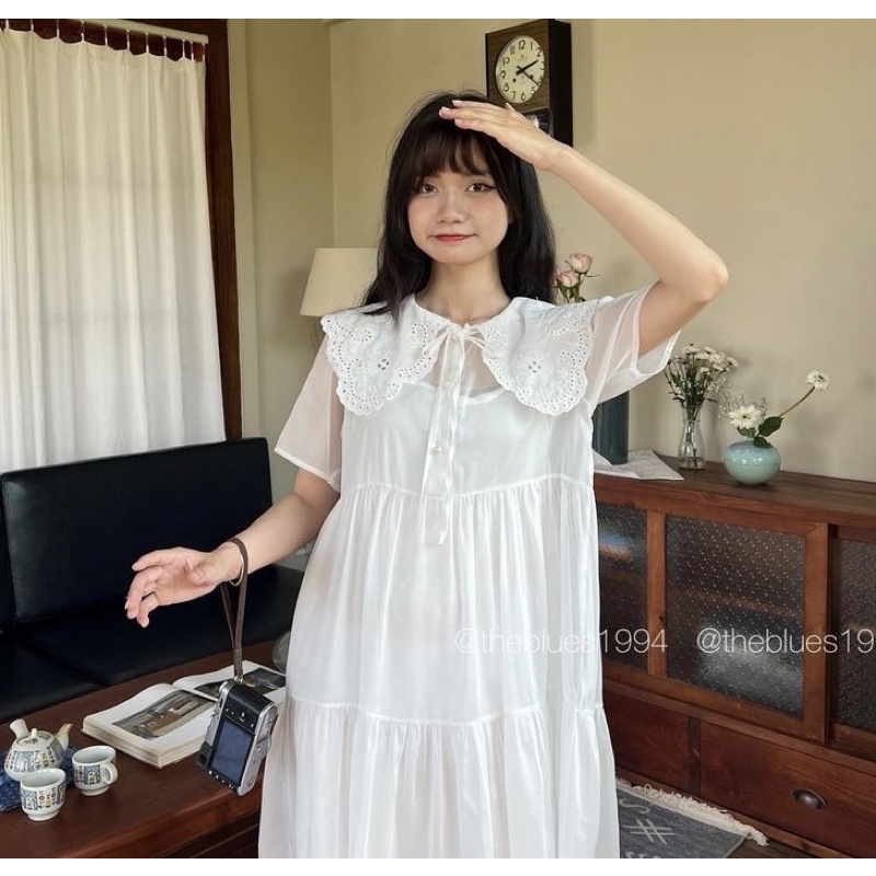 Đầm babydoll phối cổ ren bèo DÁNG XOÈ ren hạt thắt nơ cổ
