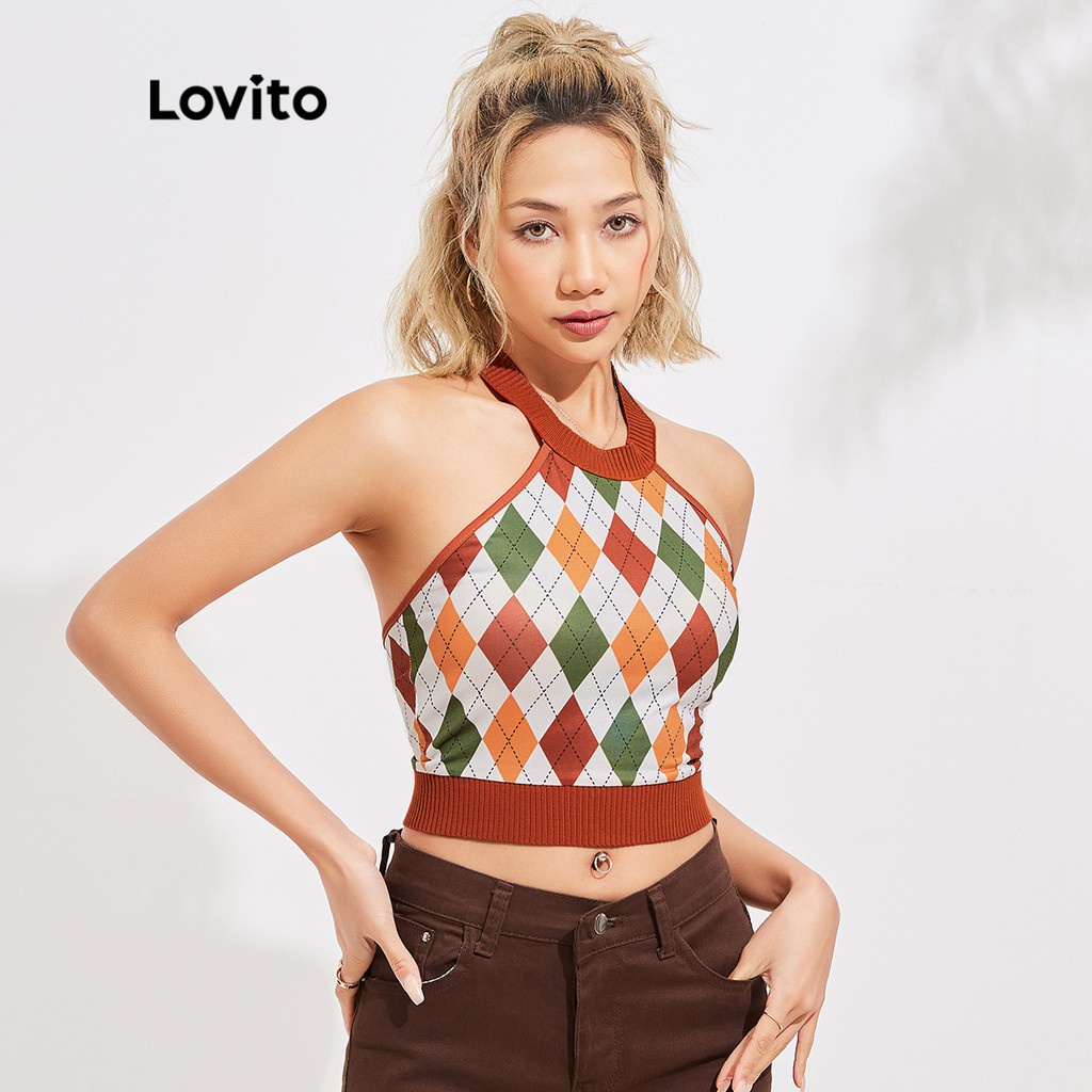 Áo Lovito dệt kim kẻ sọc hình học hở lưng phong cách cổ điển L16E029 (Màu tím/đỏ) | BigBuy360 - bigbuy360.vn
